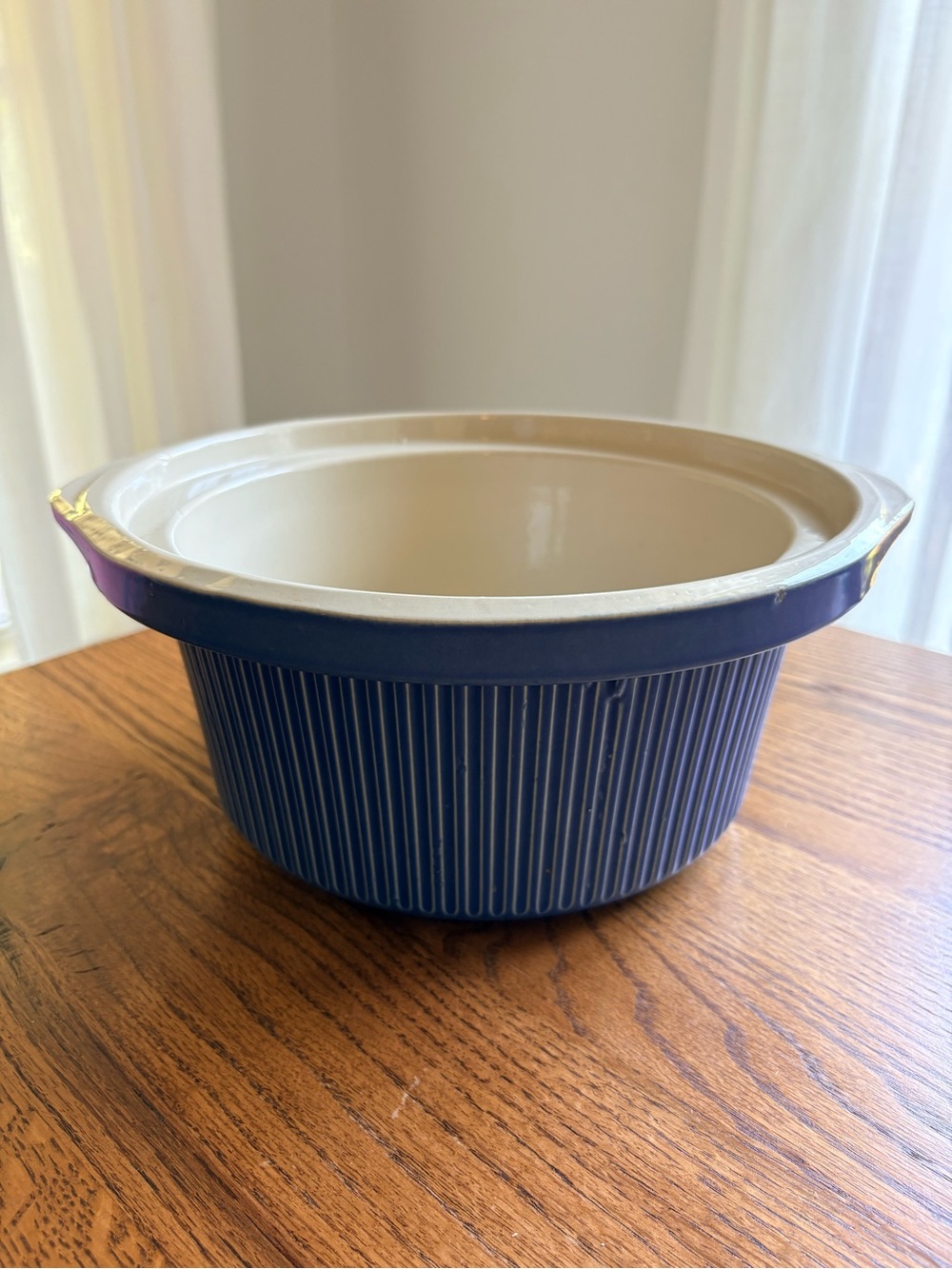 Vintage blue and cream ribbed Rival Crock for crockpot-